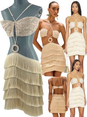 🆕 PATBO 🧿 NWOT Crochet Bloom Cut Out Mini Dress, Beige - Sz US 12 BR 44